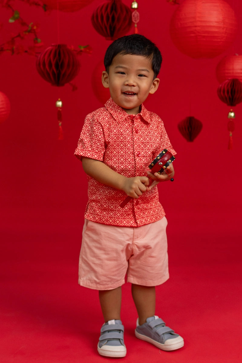 Little Man Shirt - Peach Red Mosaic