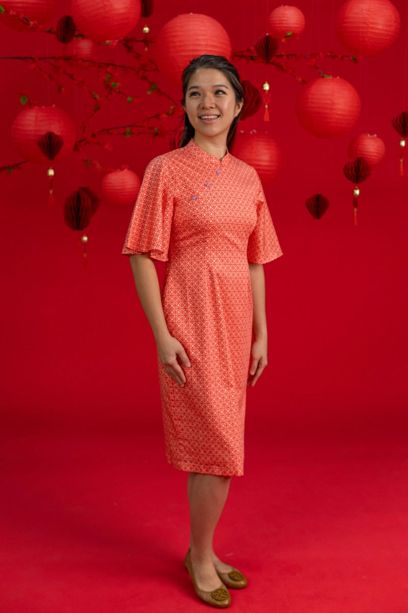 Ladies Renee Cheongsam - Peach Red Mosaic