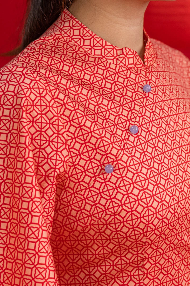 Ladies Renee Cheongsam - Peach Red Mosaic