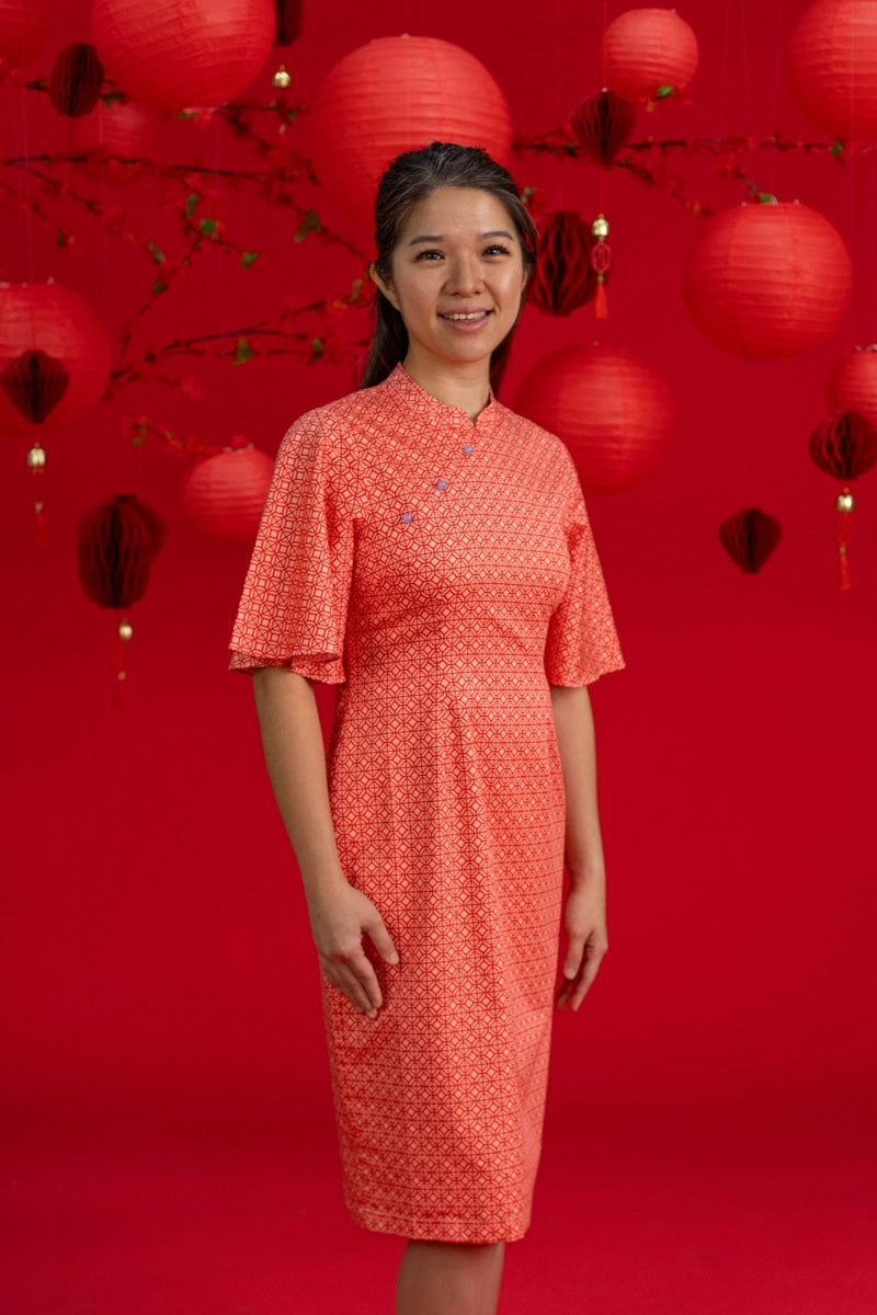 Ladies Renee Cheongsam - Peach Red Mosaic