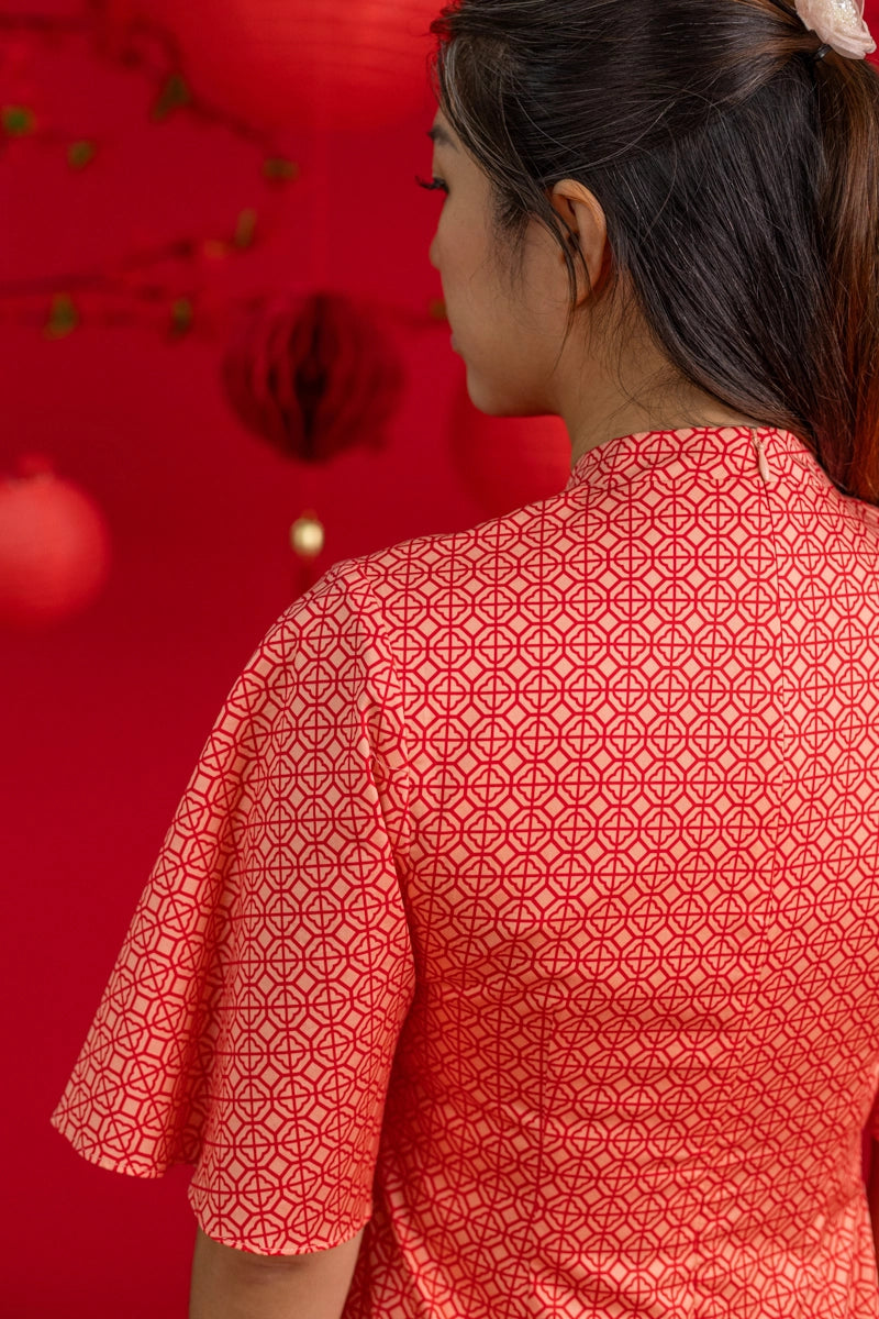 Ladies Renee Cheongsam - Peach Red Mosaic