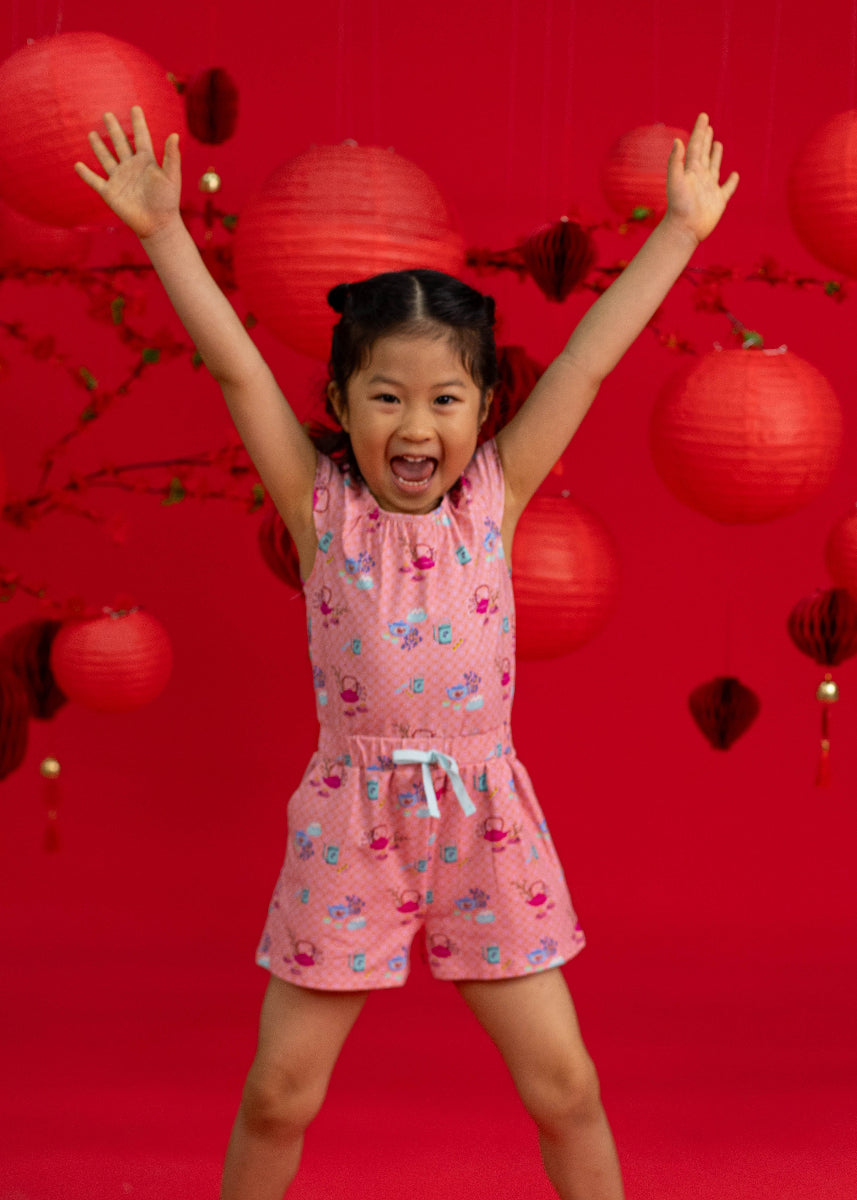 Flutter Playsuit - Pink Teapots