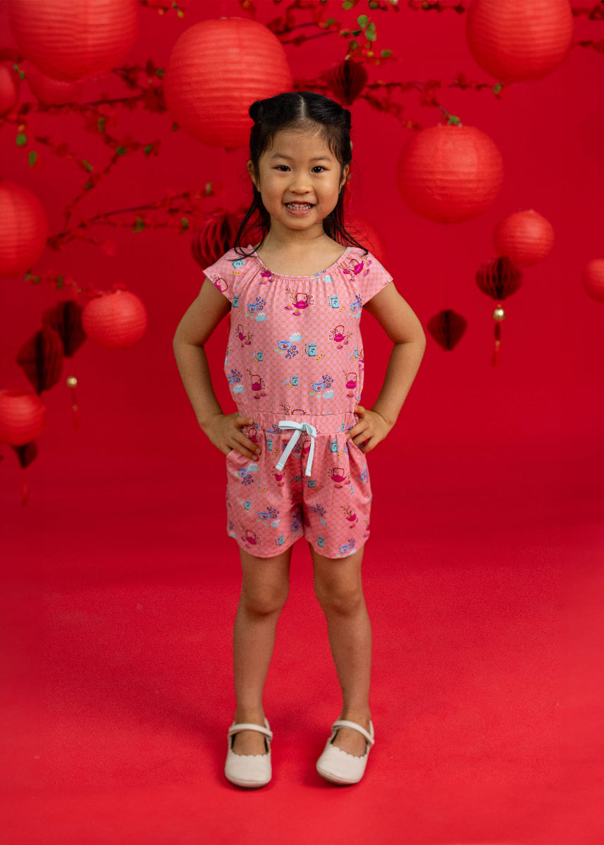Flutter Playsuit - Pink Teapots