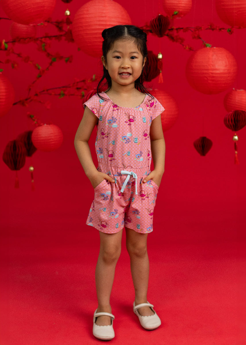 Flutter Playsuit - Pink Teapots