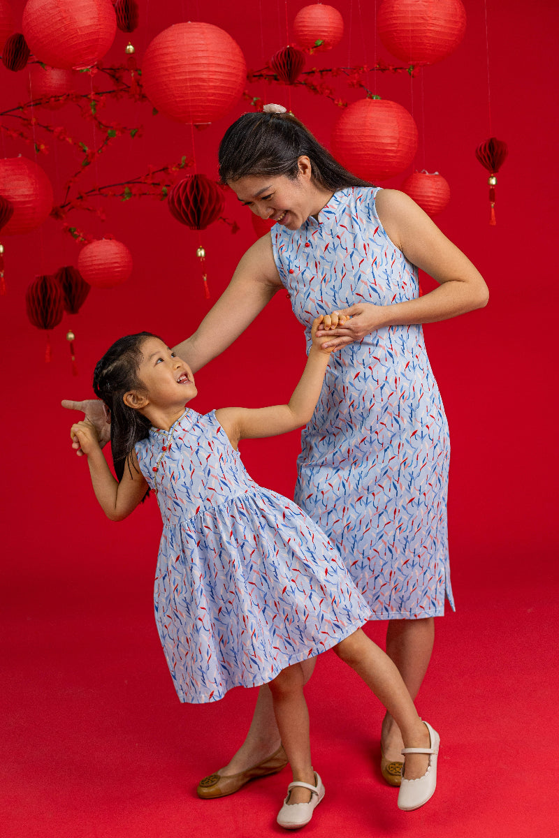 Ladies Mini Harper Cheongsam/Jersey Luna Cheongsam - Blue Lucky Bamboo