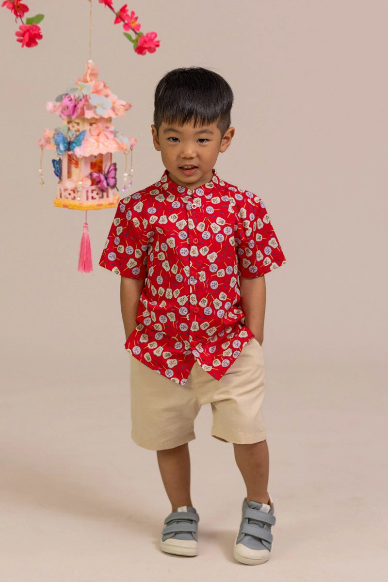 Mandarin-collared Shirt - Red Fans