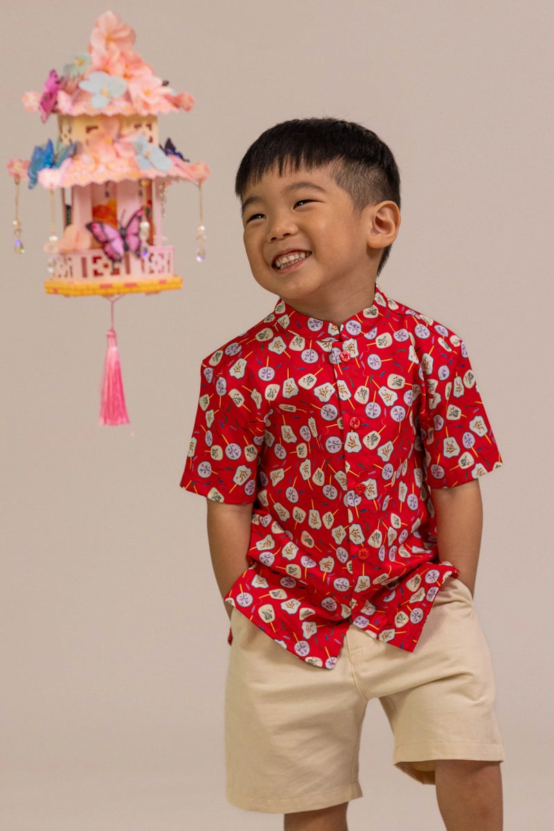 Mandarin-collared Shirt - Red Fans