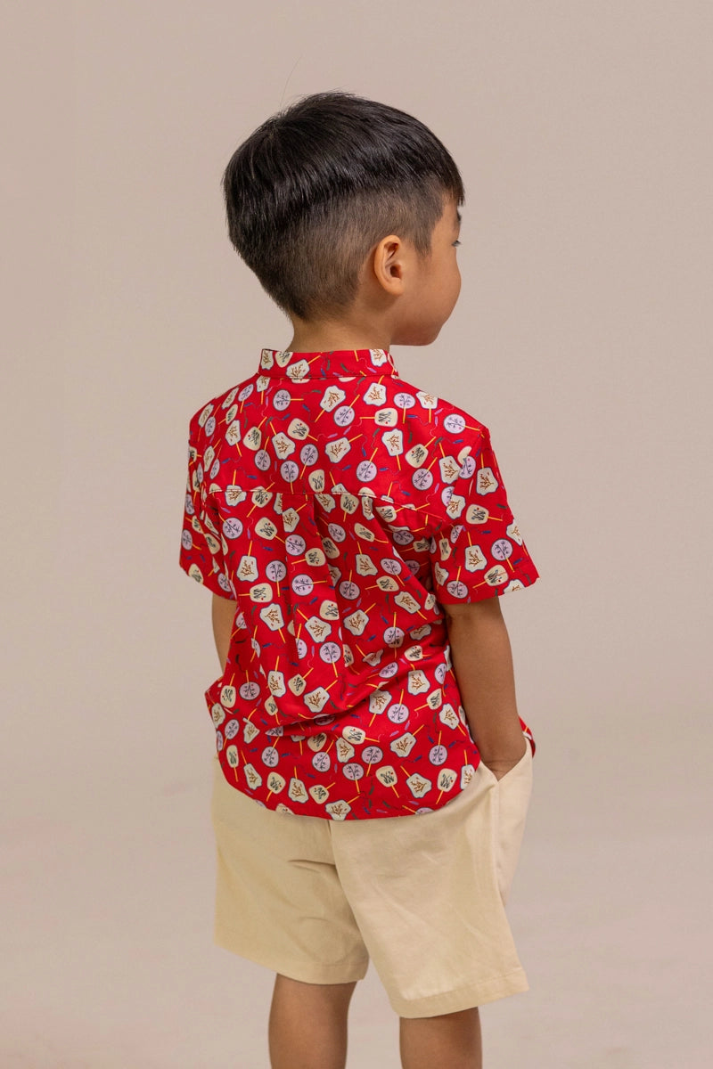 Mandarin-collared Shirt - Red Fans