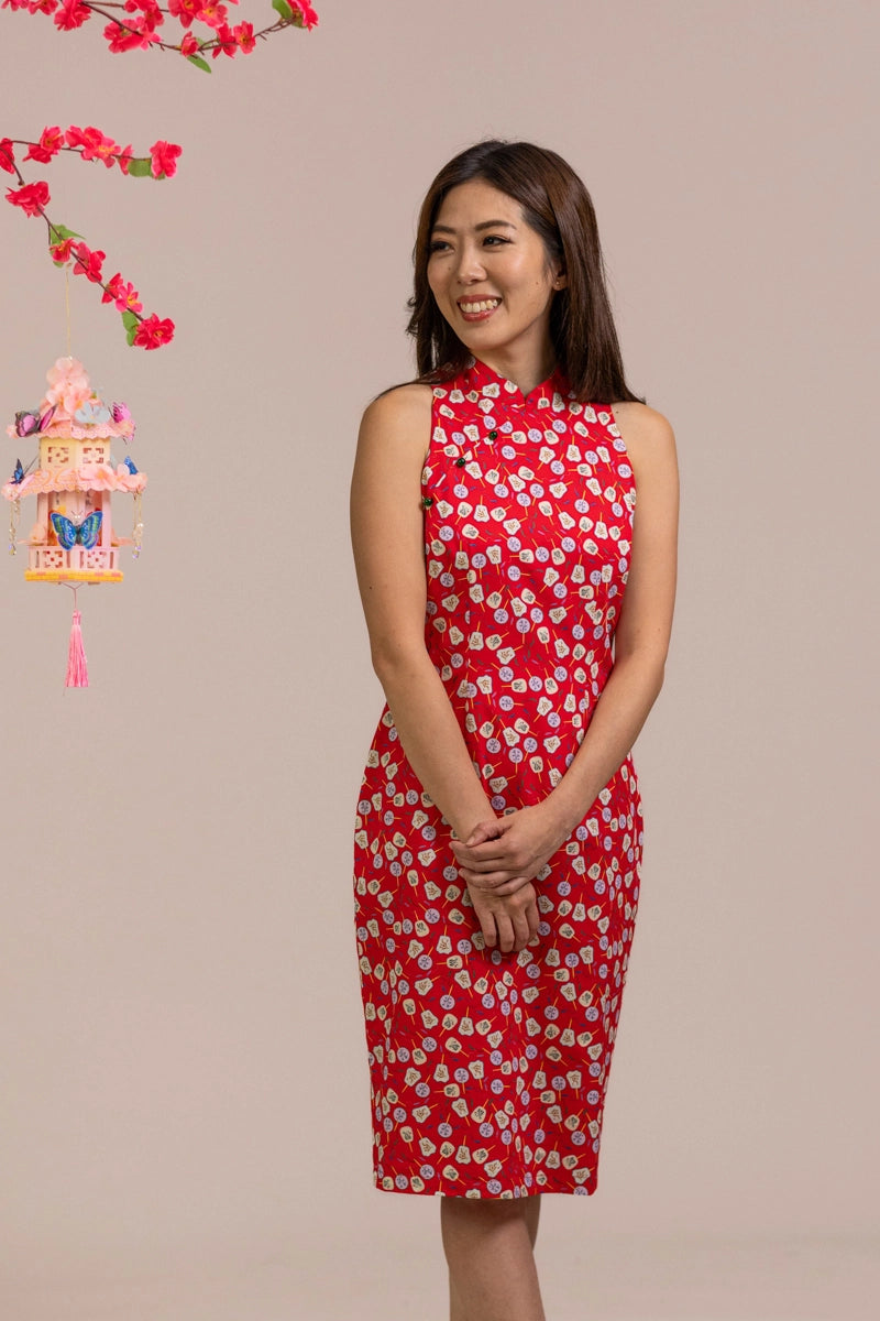Ladies Heidi Cheongsam - Red Fans