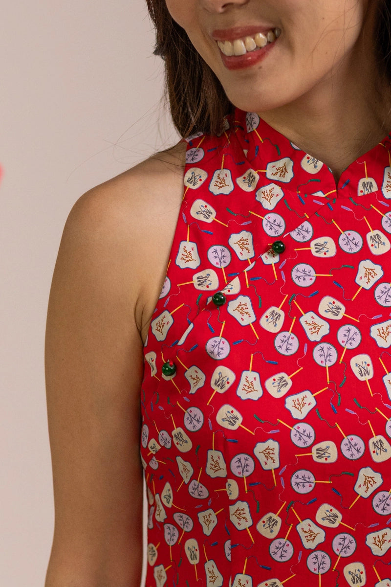 Ladies Heidi Cheongsam - Red Fans