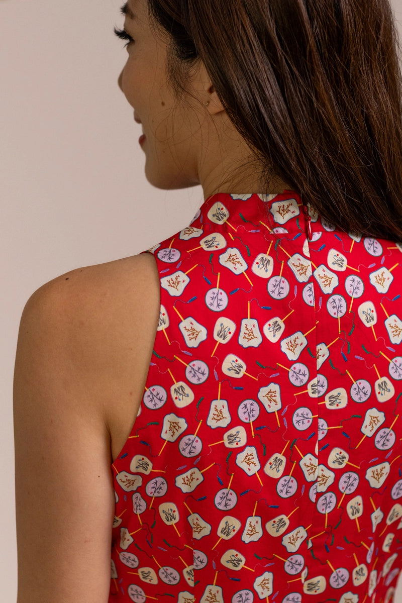 Ladies Heidi Cheongsam - Red Fans