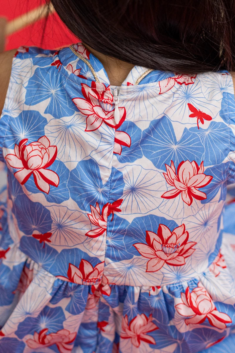 Flare Cheongsam - Blue Lotus