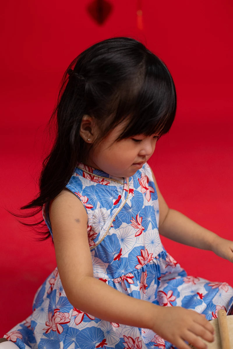 Flare Cheongsam - Blue Lotus