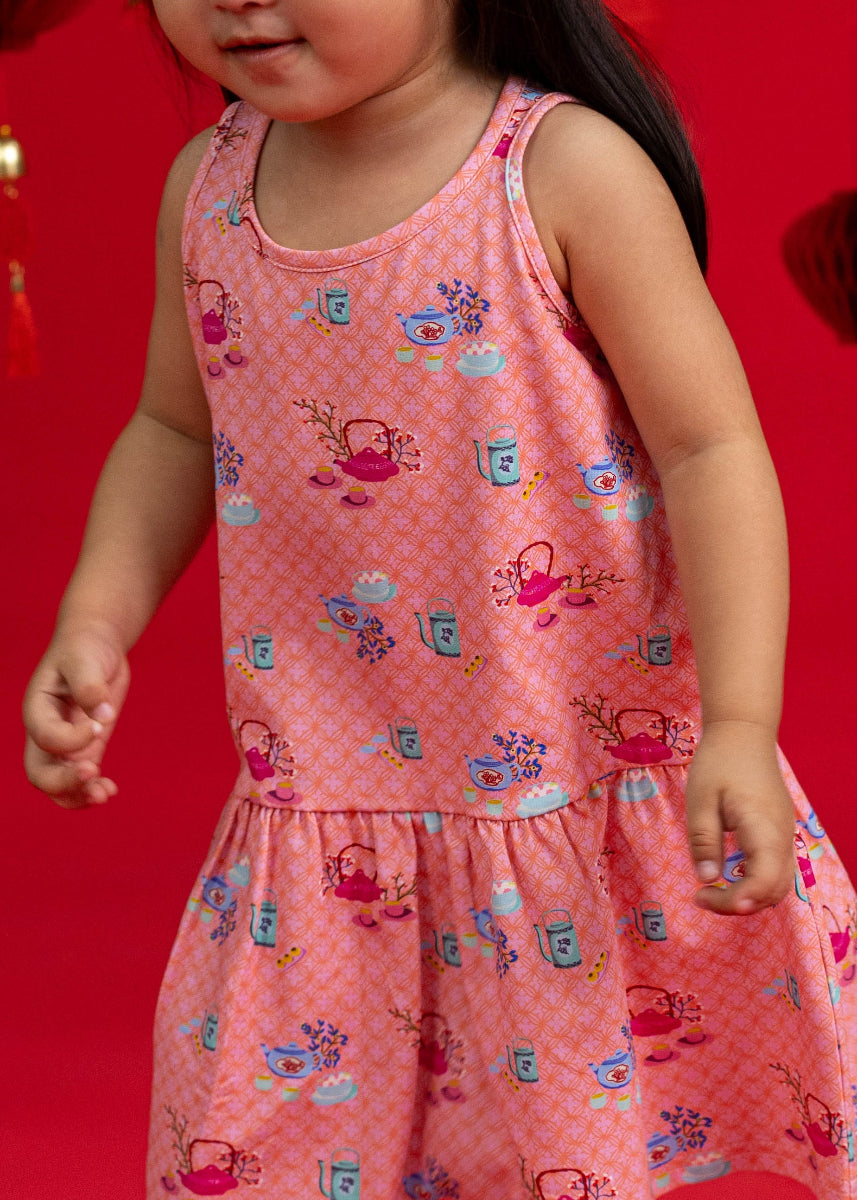 Sleeveless Dress - Pink Teapots
