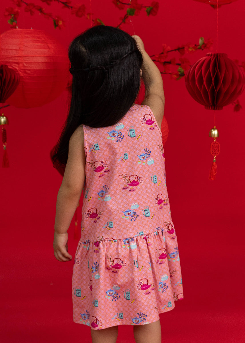 Sleeveless Dress - Pink Teapots