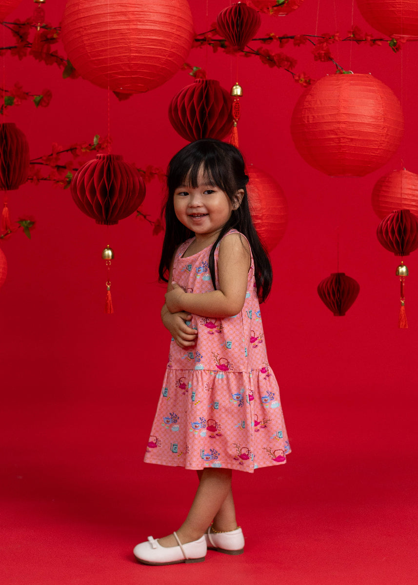 Sleeveless Dress - Pink Teapots