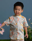 Mandarin-collared Shirt - Teal Orchid Garden