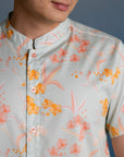 Men's Mandarin-collared Shirt - Teal Orchid Garden