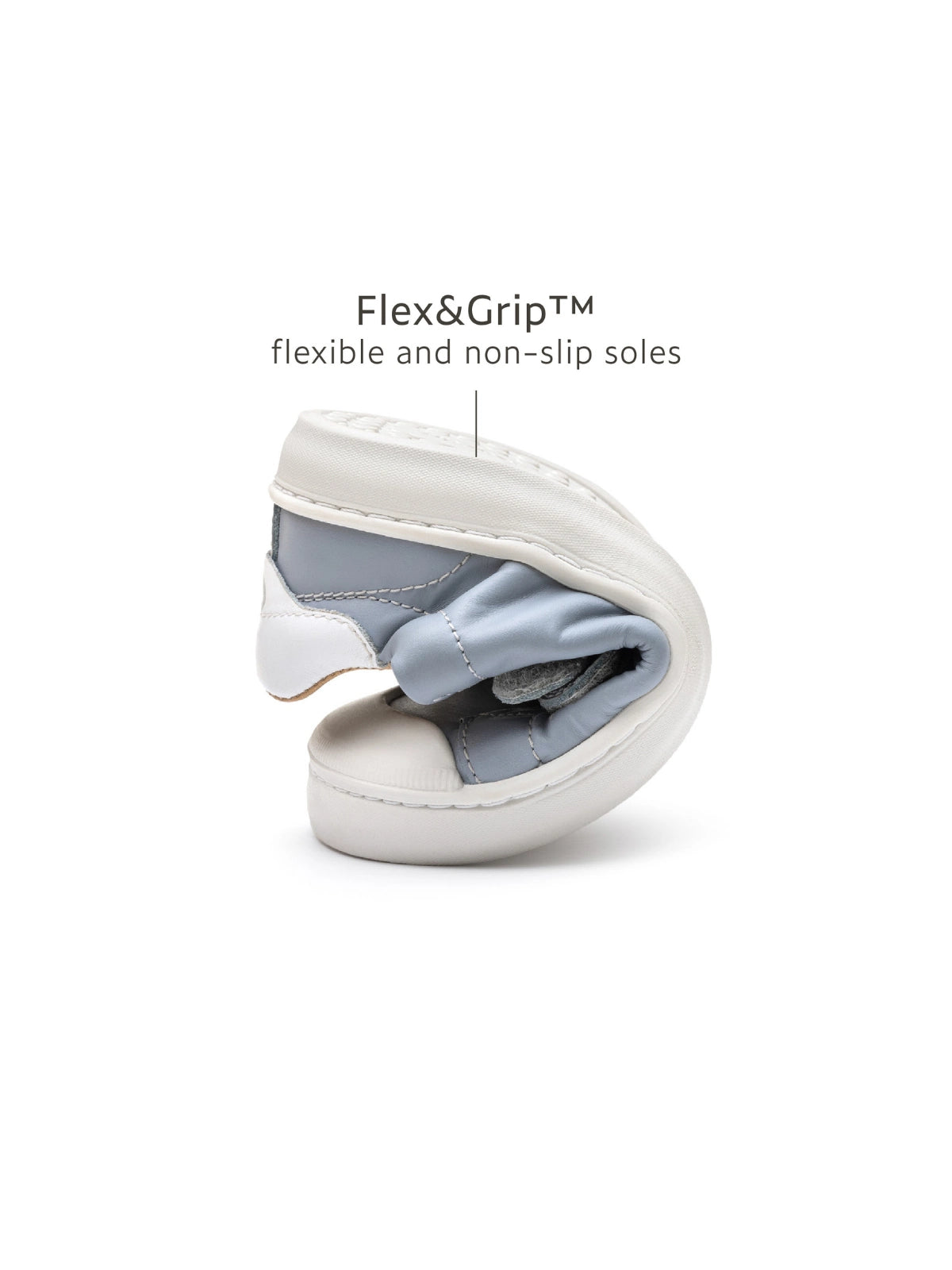 Demonstration of the flexible Flex and Grip non-slip sole on the Ramp Sneakers in Tide Blue.