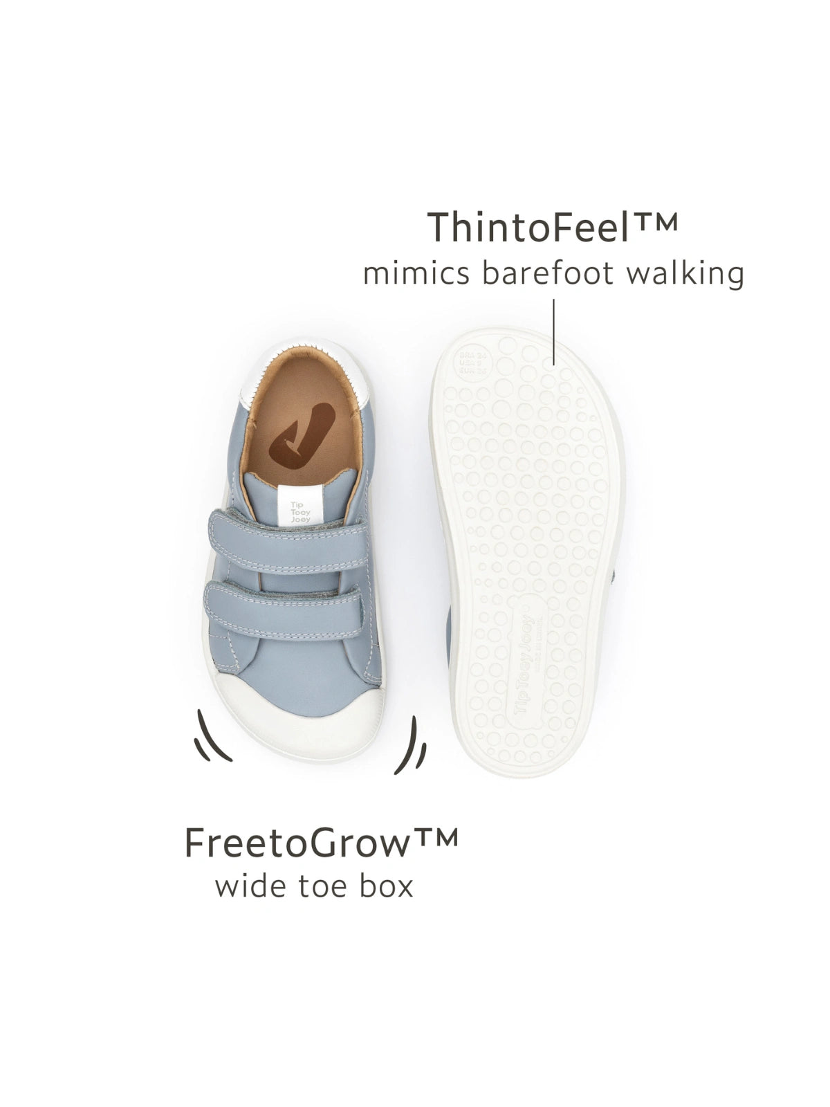 Infographic showing the FreetoGrow wide toe box and ThintoFeel barefoot sole on kids' Ramp Sneakers.