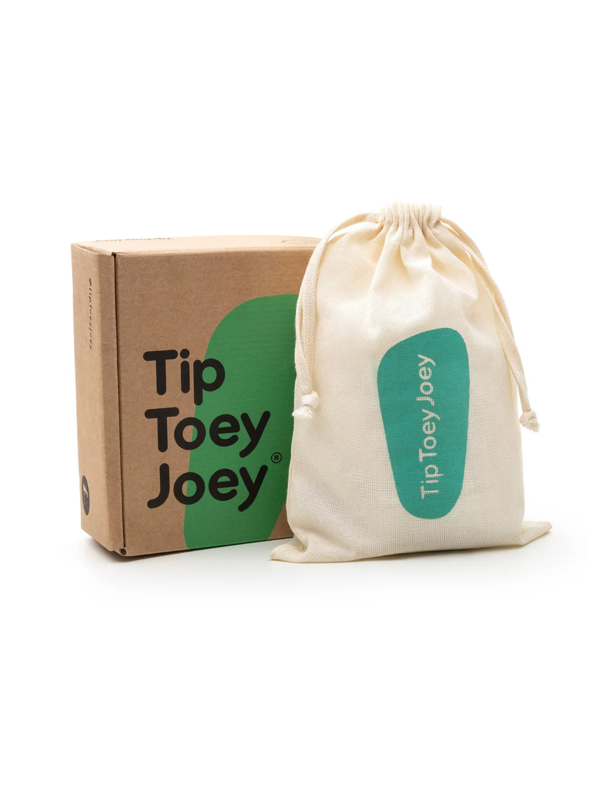 Tip Toey Joey branded sustainable packaging including a cardboard box and fabric dust bag.
