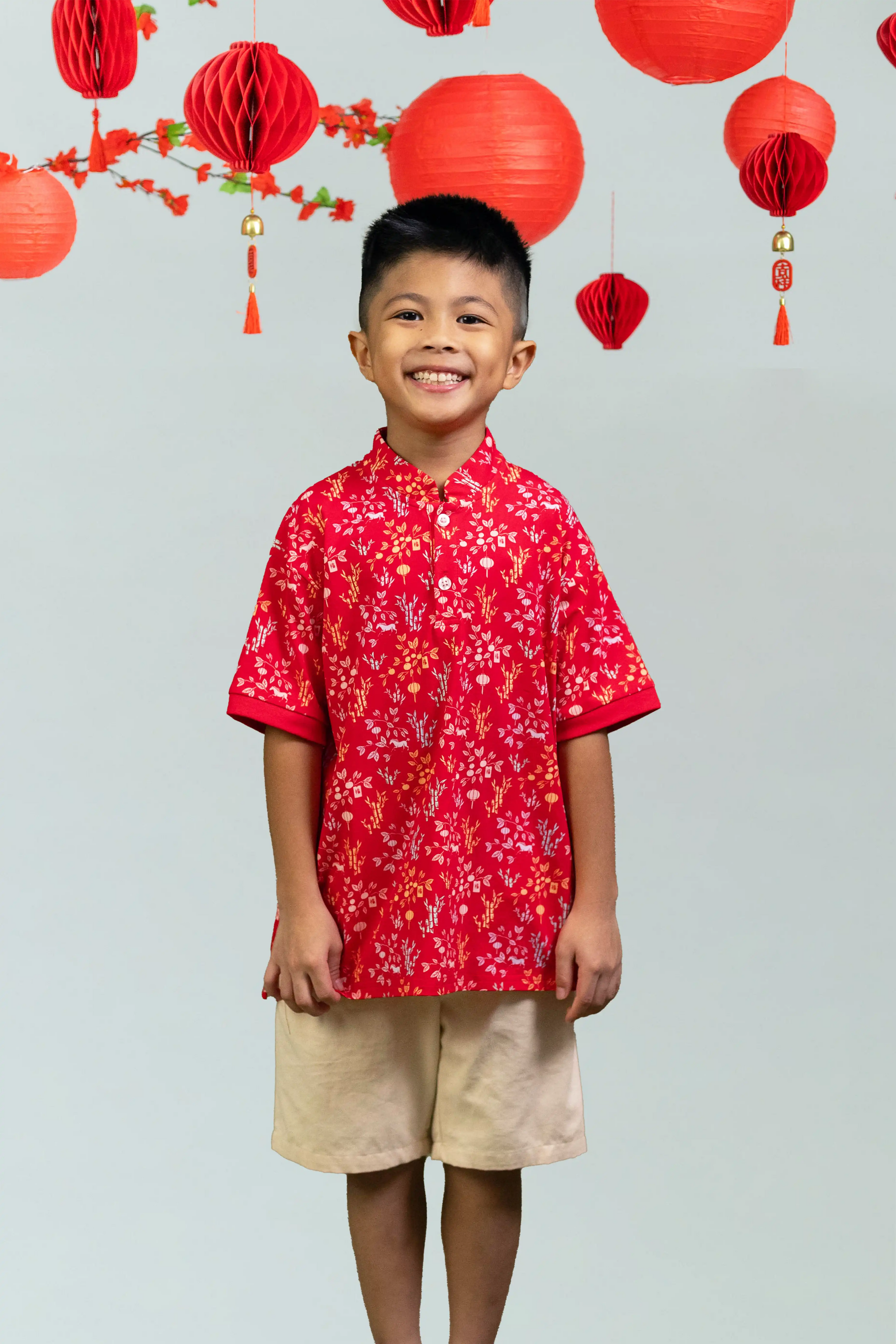 Mandarin-collared Polo Tee - Red Floral Bamboo