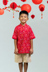 Mandarin-collared Polo Tee - Red Floral Bamboo