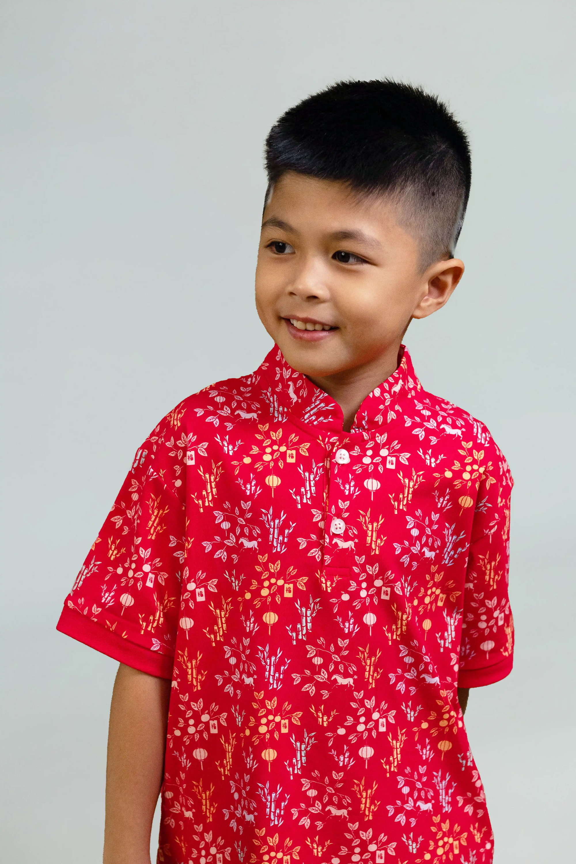 Mandarin-collared Polo Tee - Red Floral Bamboo