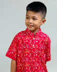 Mandarin-collared Polo Tee - Red Floral Bamboo