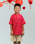 Mandarin-collared Polo Tee - Red Floral Bamboo