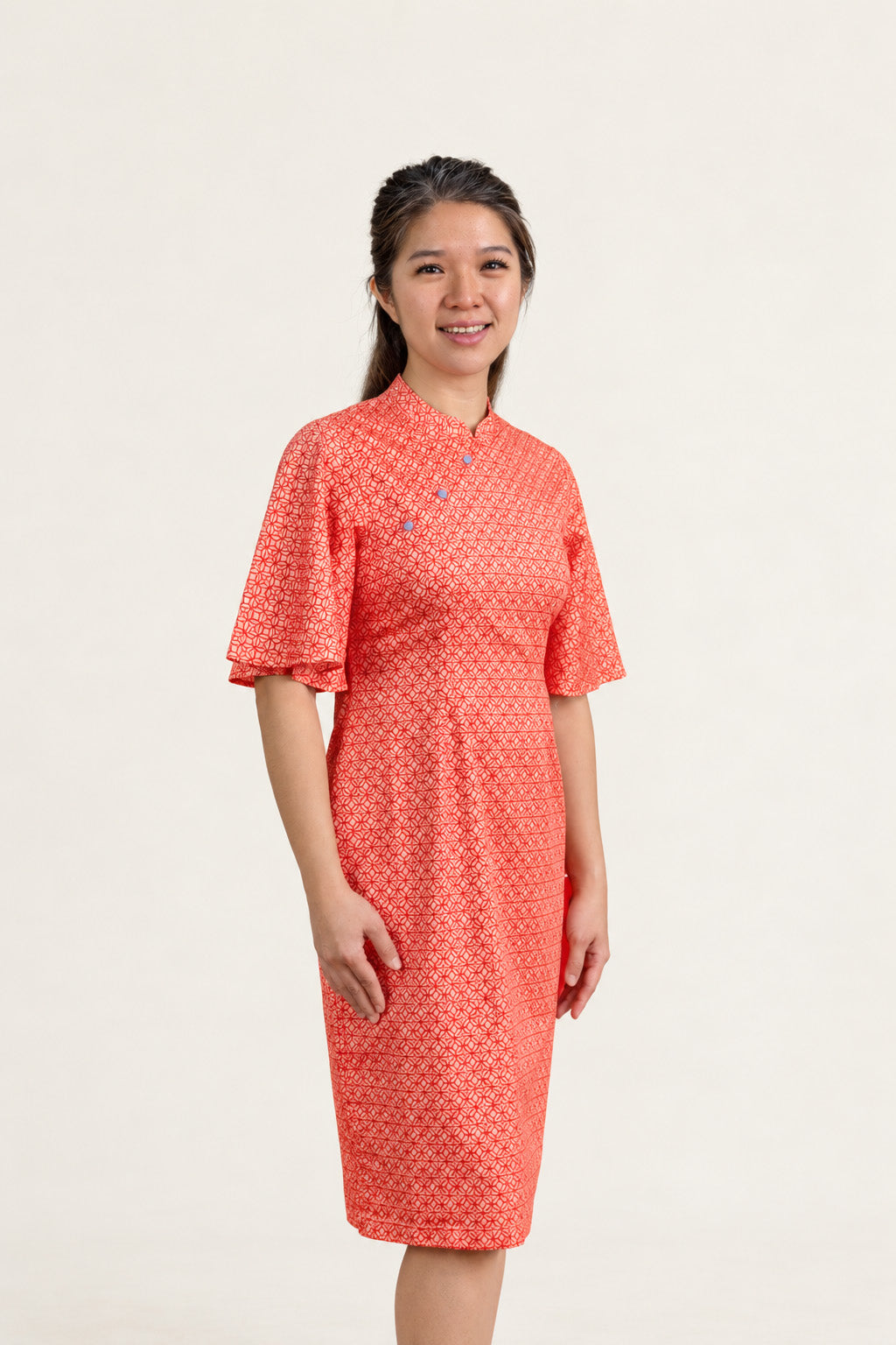 Ladies Renee Cheongsam - Peach Red Mosaic