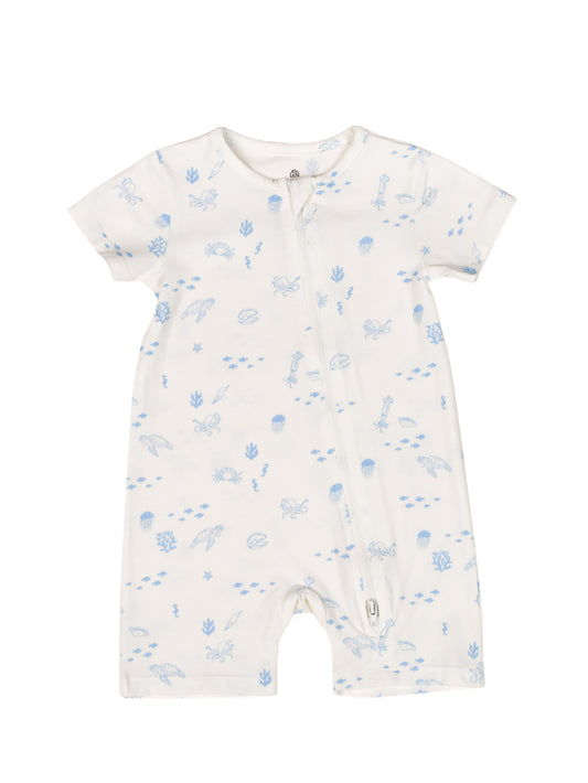Short-Sleeve Zip Romper - Blue Sea Creatures