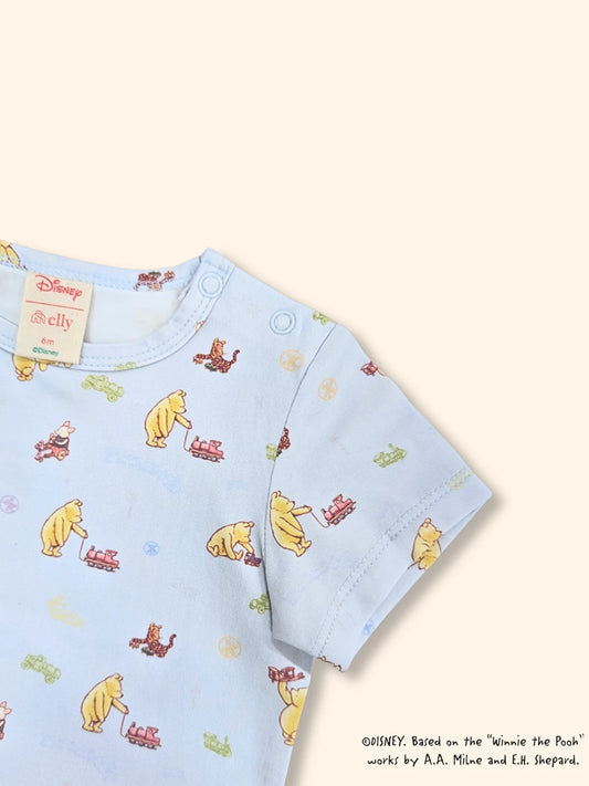 Short-Sleeve Onesie - Blue Trains Pooh
