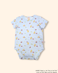 Blue Classic Pooh baby onesie with playful train print, short sleeve design