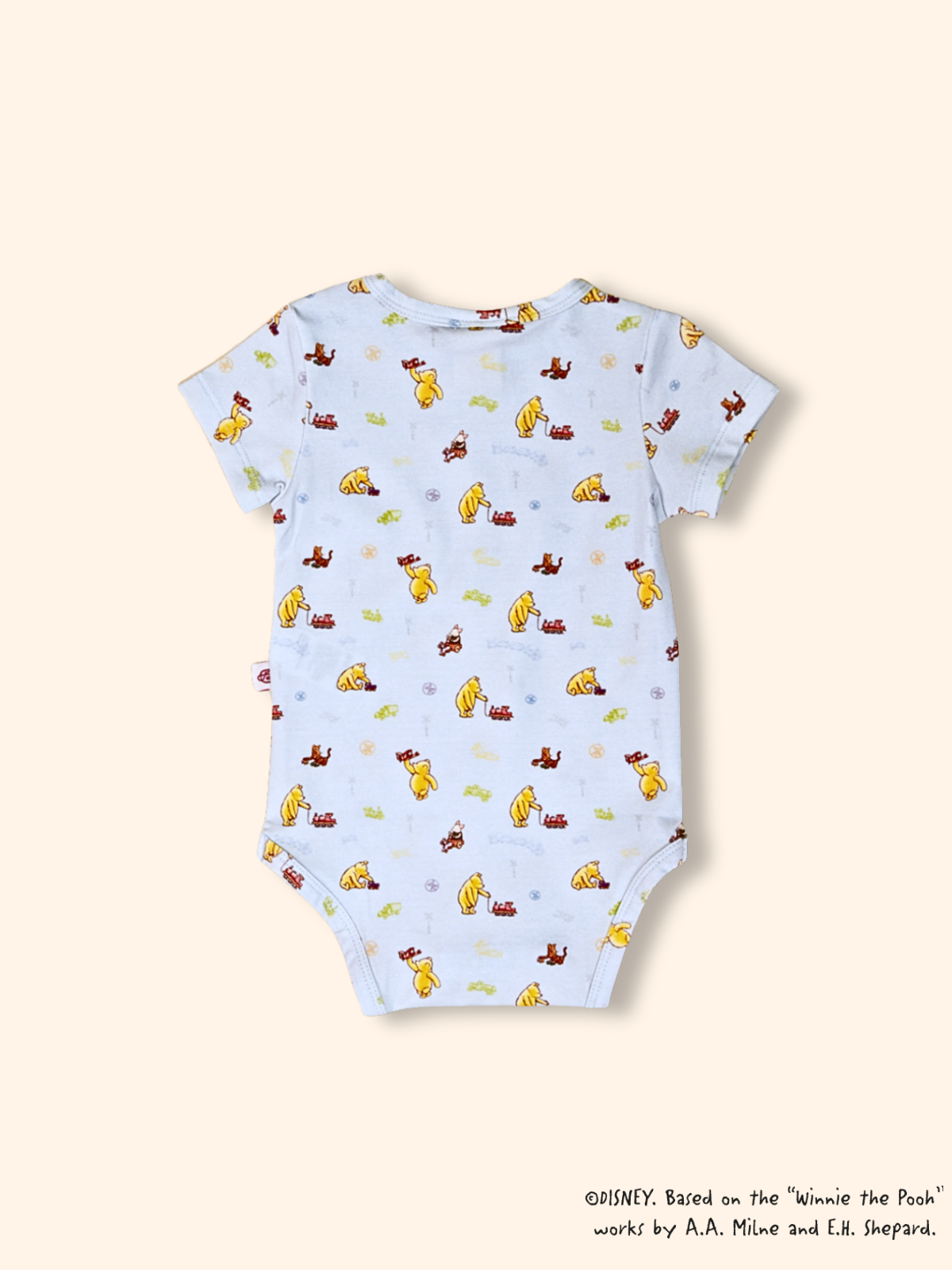 Disney Classic Pooh baby onesie blue train print, breathable cotton baby outfit