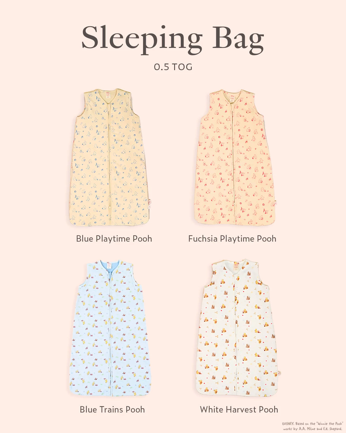 Baby Sleeping Bag set available in blue, playtime pooh, fuchsia playtime pooh, blue trains pooh and white harvest pooh options in 0.5 TOG 