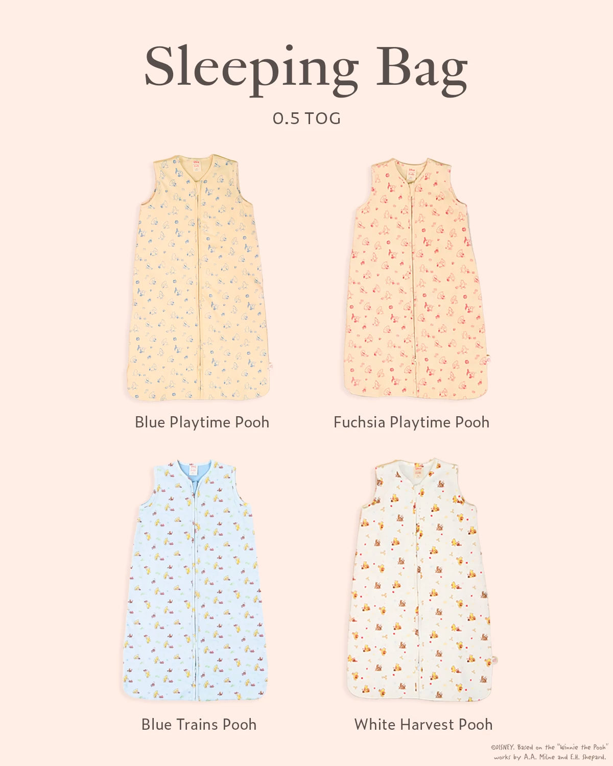 Baby Sleeping Bag set available in blue, playtime pooh, fuchsia playtime pooh, blue trains pooh and white harvest pooh options in 0.5 TOG 