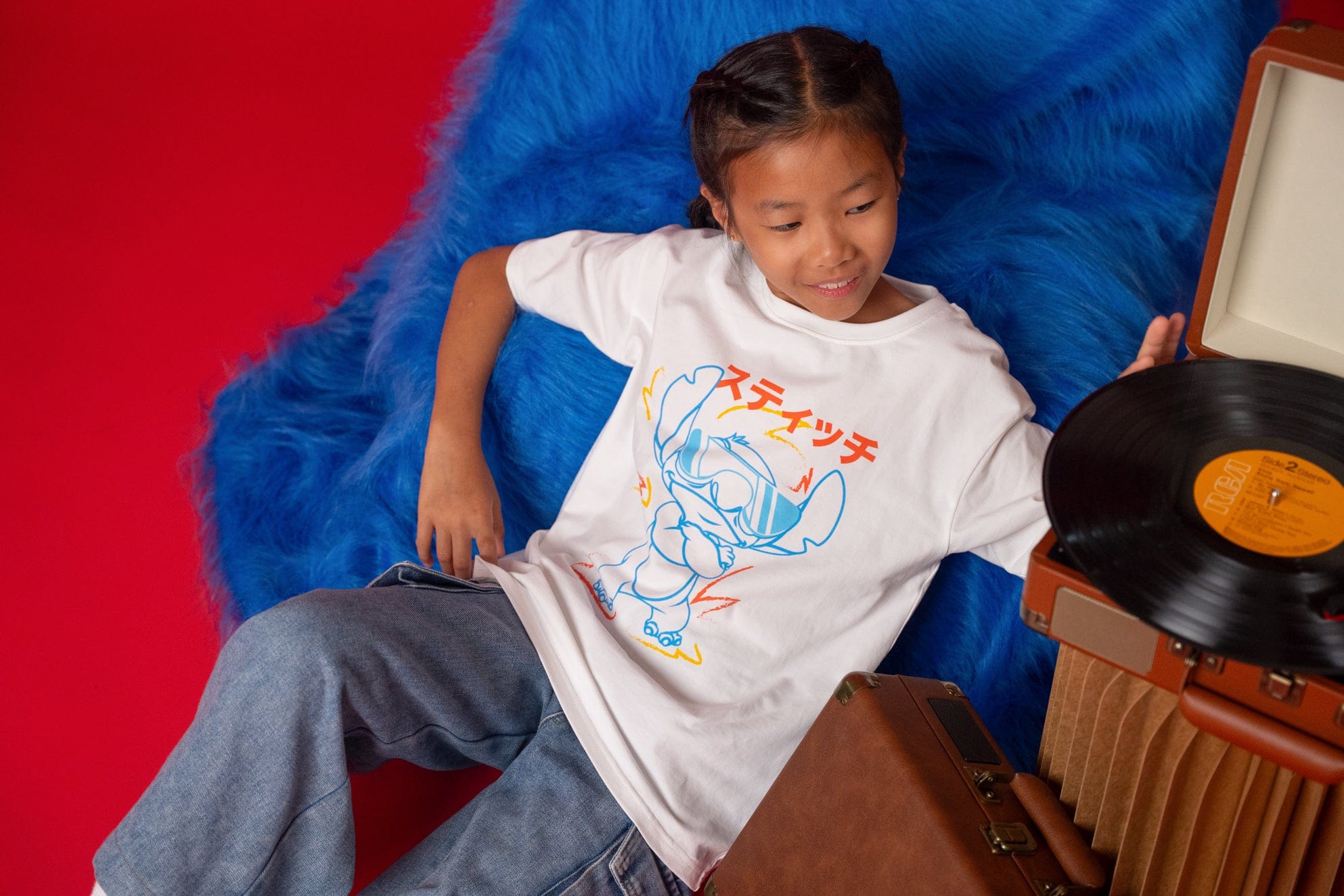 Stitch t-shirt on girl with record player