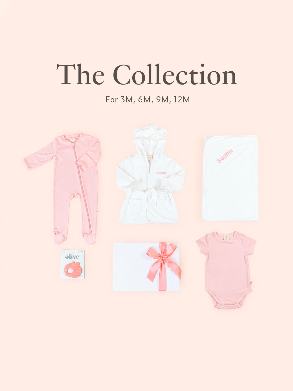 Sweet Dreams Baby Gift Set flatlay featuring personalised towel, bathrobe, bamboo outfits and teether