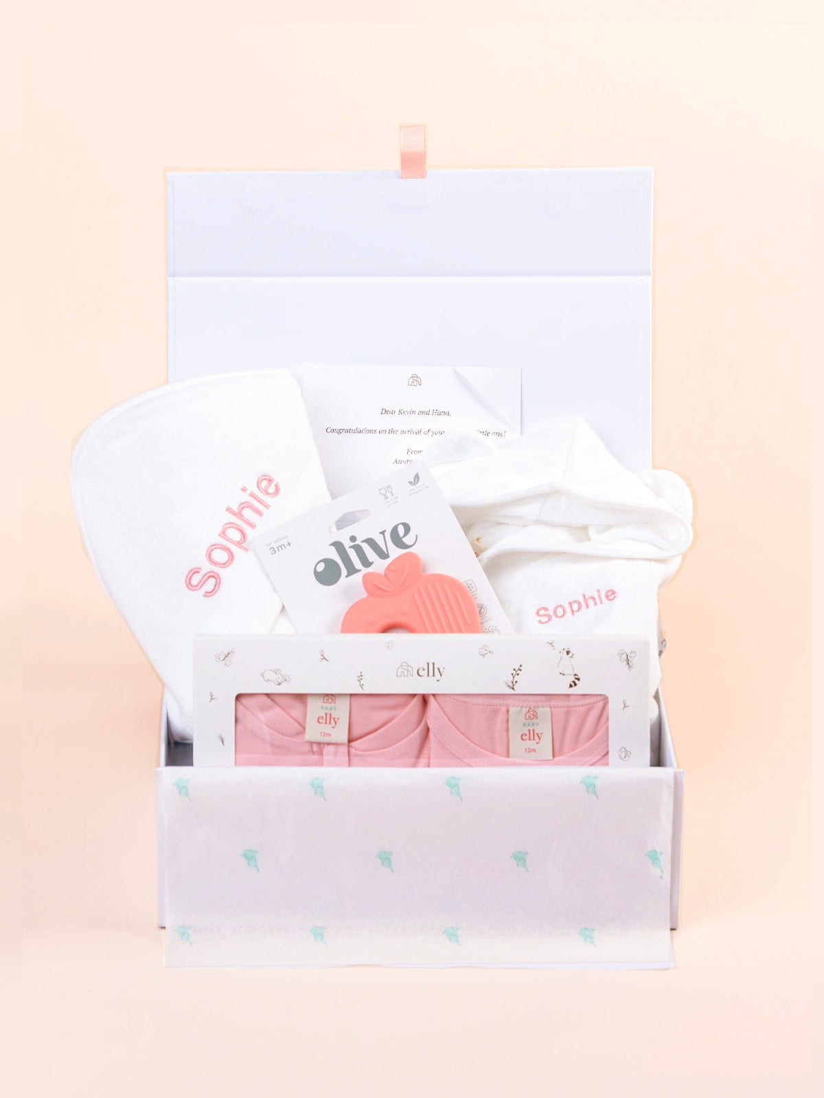 Sweet Dreams Baby Gift Set with personalised baby towel, bathrobe, bamboo outfit set and silicone teether in gift box