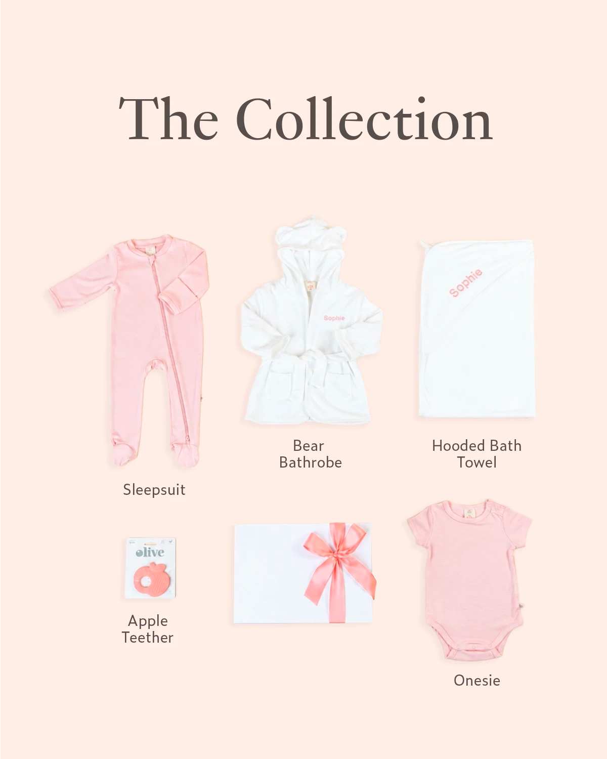 Sweet Dreams Baby Gift Set flatlay featuring personalised towel, bathrobe, bamboo outfits and teether