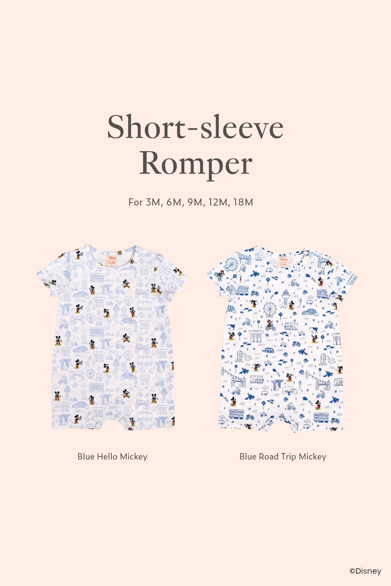Short Sleeve Romper in Blue Hello Mickey or Blue Road Trip Mickey