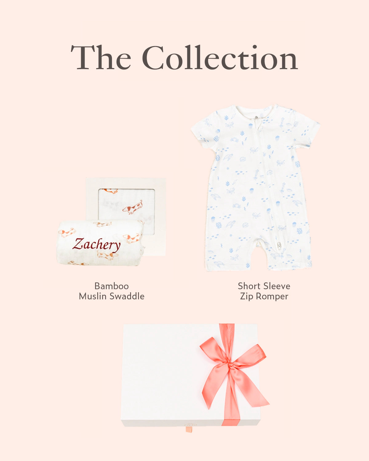 baby gift set include personalisable bamboo muslin swaddle and short sleeve zip romper 
