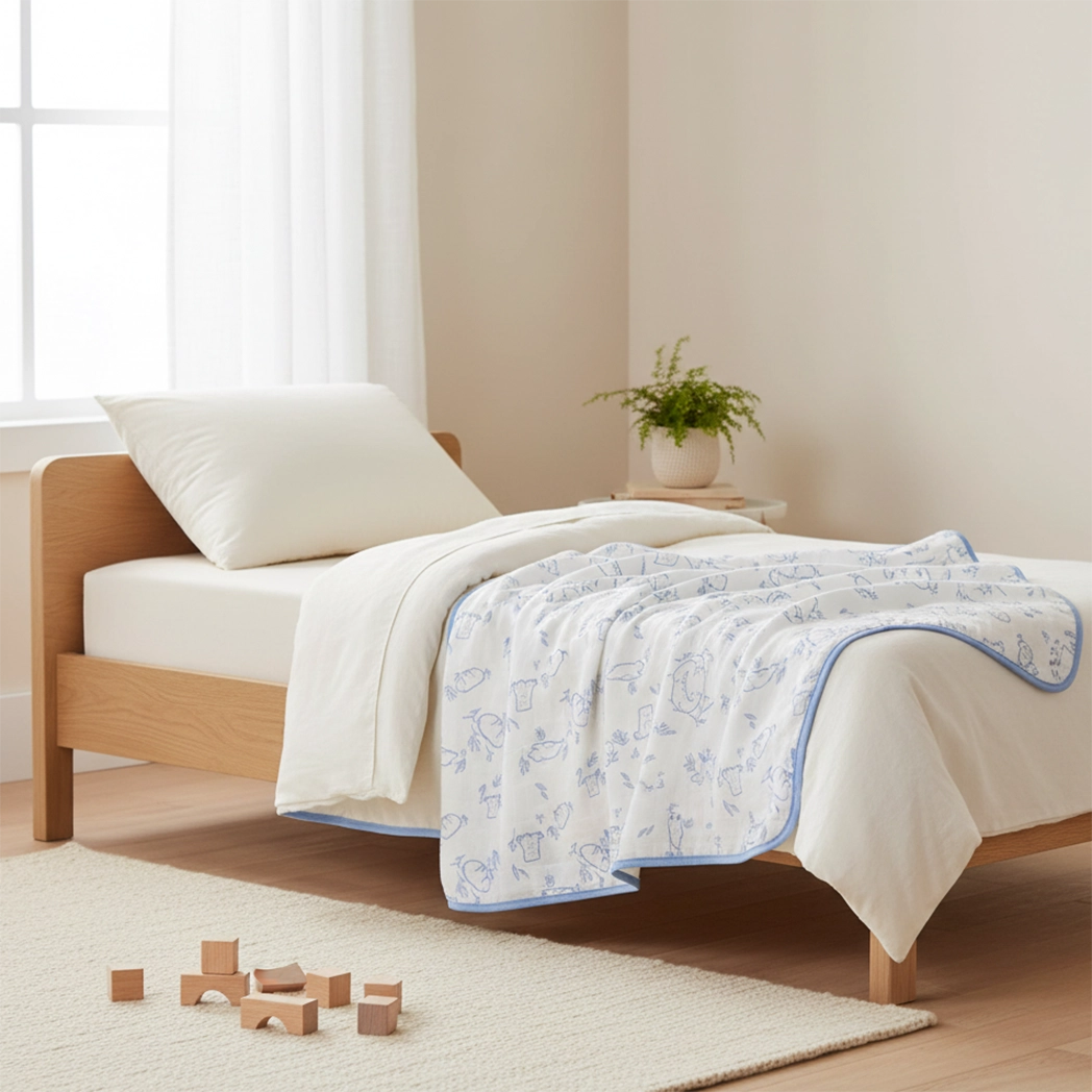 Bamboo Muslin Blanket - Beary Best on a bed