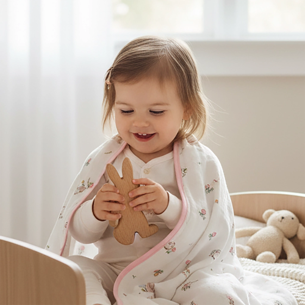 child in a cosy setting with blanket wrapped around her