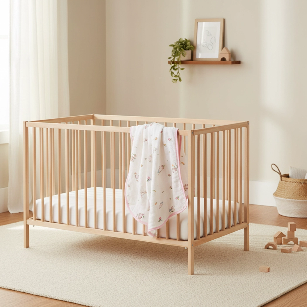 Wooden crib with a white mattress and pink blanket in a nursery setting.
