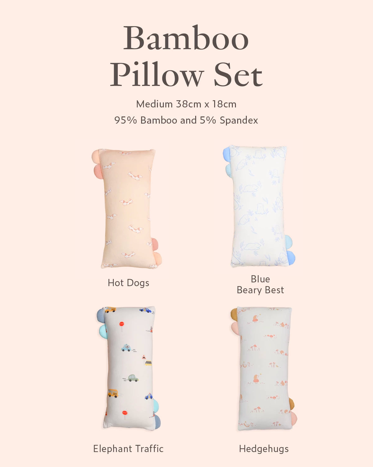 Bamboo pillow set in hot dogs, blue beary best, elephant traffic and hedgehugs 