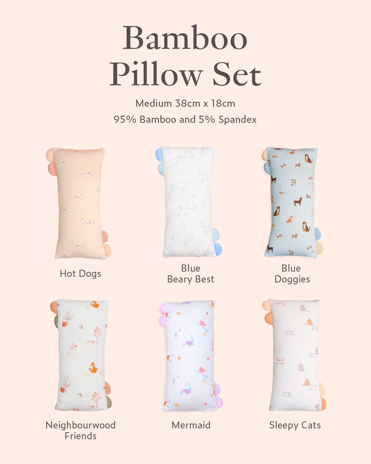 Bamboo Pillow Set - hot dogs, blue beary best, blue doggies, neighbourwood friends, mermaid, sleepy cats design