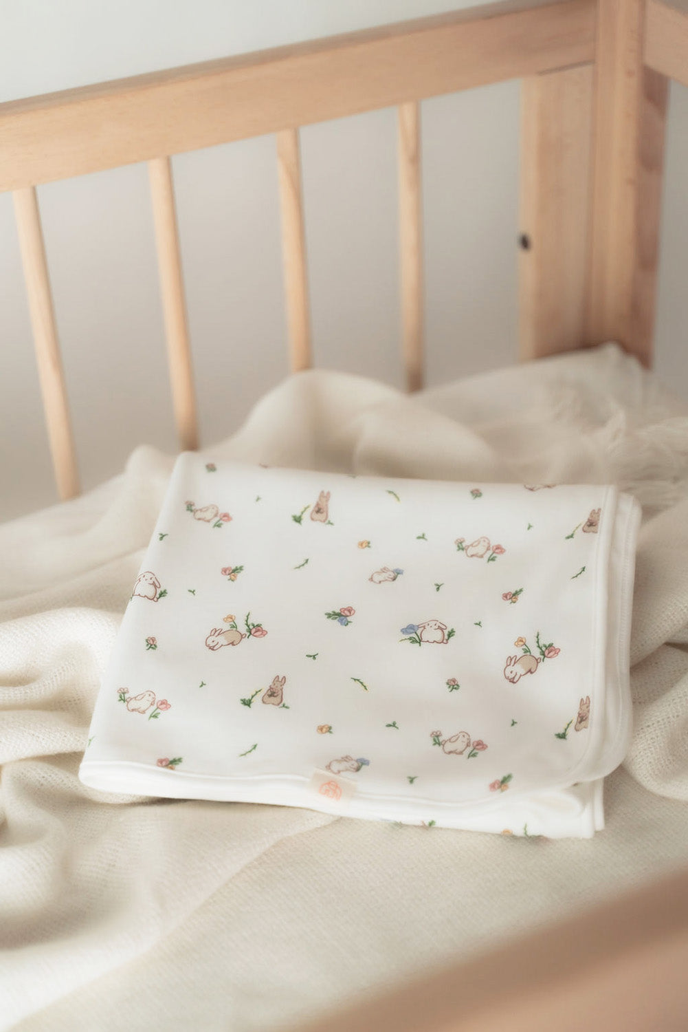 Bamboo Jersey Blanket - White Floral Bunny folded