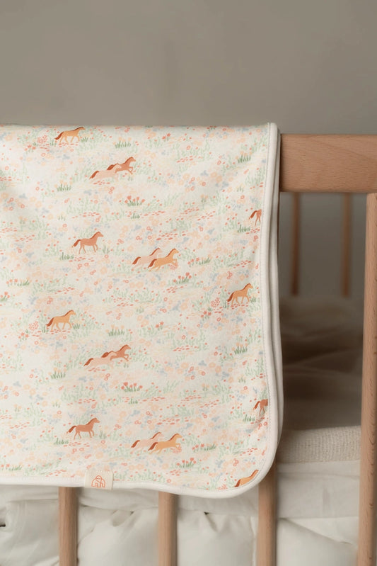 Bamboo Jersey Blanket - Meadow Horses over cot